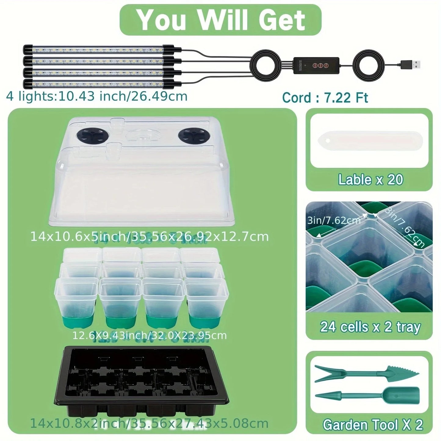 Seed Starter Kit! Tray includes Grow Light, a set of 24-cell silicone seedling cups, with Humidity Dome & Controller